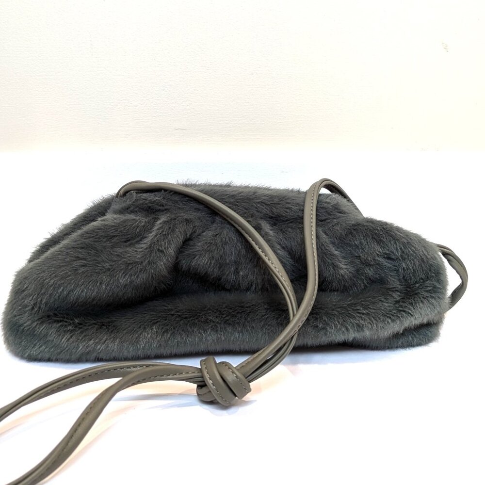 Charcoal Blue Faux Fur Clutch Pouch Crossbody Bag – Leather Strap Bottega Style